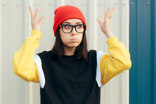 Surprised Millennial Hipster Girl Feeling Mind Blown