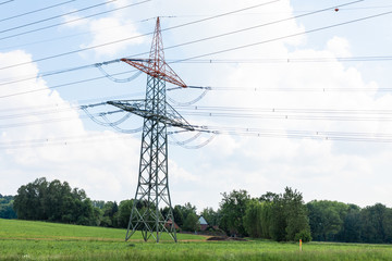 Wall Mural - Low angle shot of an electricity tower in the middle of the field during midday