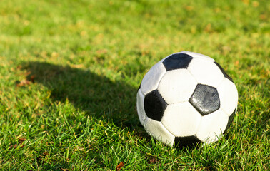 Canvas Print - Selective focus closeup shot of a soccer ball lying on the grass