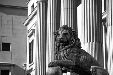 Poster - Bronze Lion statue at Congress of Deputies in Madrid, Spain