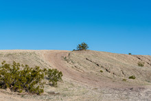 A Sand Dune In The Southern California Sonoran Desert, USA, In The Spring, Featuring Tire Marks Going Up On A Blue Sky, Cloudless Day And With Copy-space In The Sky