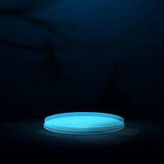 Poster - 3d blue circle podium display in a spooky forest at night. Halloween Background. Vector Illustration