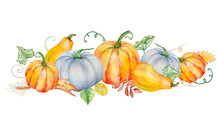 Watercolor Autumn Composition With Pumpkins