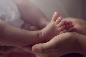 Wall Mural - parent holding in the hands feet of newborn baby.