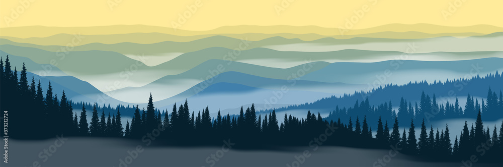 Vector illustration of mountain landscape. Sunrise in mountain forest with fog. Beautiful panoramic landscape. - obrazy, fototapety, plakaty 