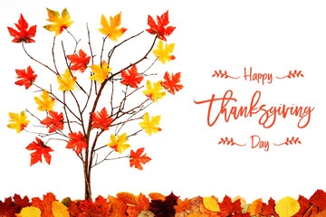 Wall Mural - tree with colorful leaf decoration, english calligraphy happy thanksgiving day