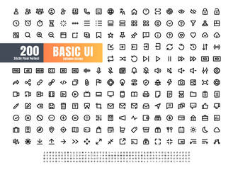 24x24 Pixel Perfect Basic User Interface Essential Set. 200 Line Outline Icons. For App, Web, Print. Editable Stroke
