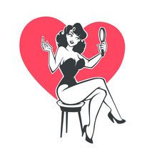 Pinup Beauty Girl, Holding A Mirror, Sitting On Heart Shape Background