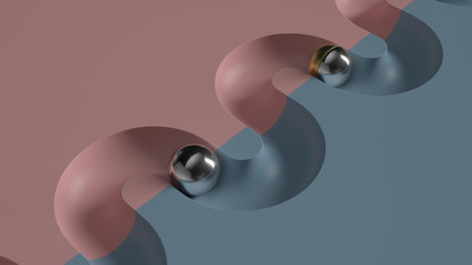 Poster - Abstract 3d render of  minimal geometry composition.  Metall ball rolling in geometry deepening.