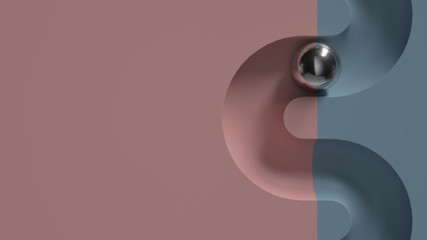 Poster - Abstract 3d render of  minimal geometry composition.  Metall ball rolling in geometry deepening.