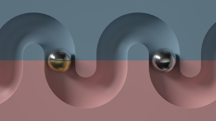 Poster - Abstract 3d render of  minimal geometry composition.  Metall ball rolling in geometry deepening.