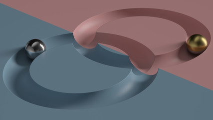 Poster - Abstract 3d render of  minimal geometry composition.  Metall ball rolling in geometry deepening.