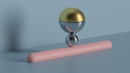 Poster - 3d abstract render of metall balls balanced on the pink round tube with fillets.  Minimal geometry composition.