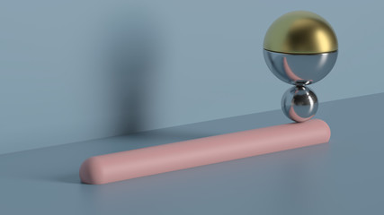 Poster - 3d abstract render of metall balls balanced on the pink round tube with fillets.  Minimal geometry composition.