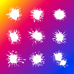 Wall Mural - Vector set of white paint splashes on bright colorful gradient background, different shapes, abstract illustration.