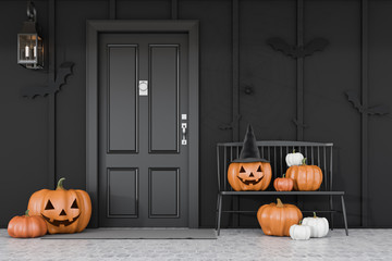 Wall Mural - Black house door with carved pumpkins