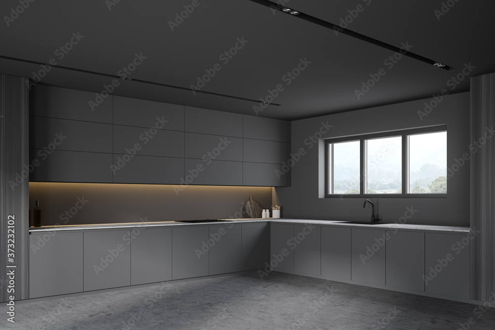 Grey and wooden kitchen corner with cupboards - obrazy, fototapety, plakaty 