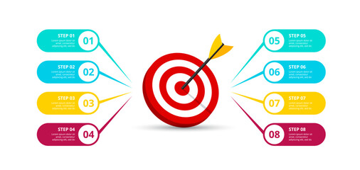 Poster - Infographic template with target and dart. Vector illustration with 8 parts, options or steps. Can be used for workflow layout, diagram, business step options, banner, web design