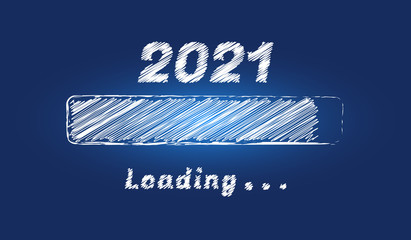 Wall Mural - happy new year 2021 doodle loading progress bar isolated on blue winter background. holiday banner, 