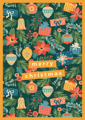 Wall Mural - Christmas and Happy New Year illustration with Christmas decorations.