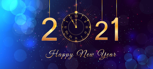 Wall Mural - happy new year 2021 blue background with bokeh effect, hanging golden numbers, gold vintage clock an
