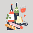 Still-life. Bread, salami, cheese on a black chopping Board. A few bottles of wine and a glass of red wine. Vector illustration in a flat style on a gray background.