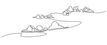 Rural Landscape Continuous One Line Vector Drawing. Lake House In The Woods Hand Drawn Silhouette. Country Nature Panoramic Sketch. Village Minimalistic Contour Illustration.