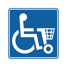 Shopmobility sign. Blue square with wheelchair and shopping cart inside. Disabled icon. Vector illustration of handicapped sign isolated on white background. 
