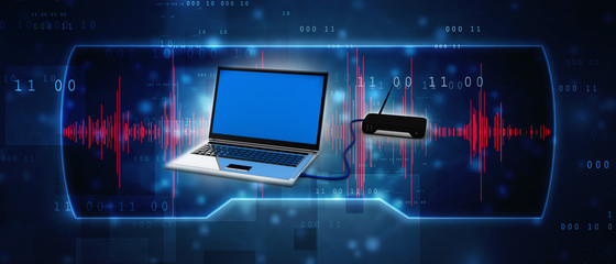 Poster - 3d rendering Transmitter wi-fi modem with laptop
