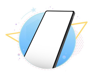 Poster - Mobile Phone Vector Mockup With Geometric Abstract Background. Frameless Black Smartphone Perspective View.