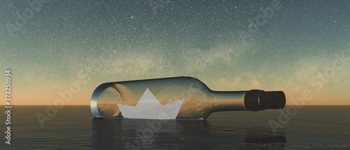 Fotomural Banner con ilustración de botella de cristal con barco de papel dentro sobre un