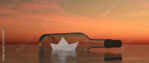Fotografía Ilustración con botella de cristal con barco de papel frente a un fondo de atard