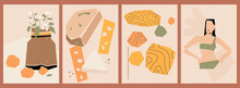 Set Of Abstract Posters With Torn Paper Elements. Collage Of Various Cut Out Paper Shapes. Backgrounds With A Floral Still Life, A Silhouette Of A Woman In Fashionable Lingerie, Varieties Of Cheese.