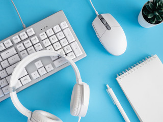 Poster - top view of office desk table with notebook, plastic plant, smartphone and keyboard on blue table background, graphic designer, Creative Designer concept.