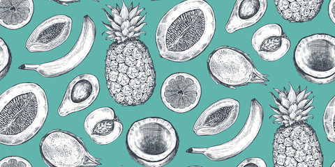 Wall Mural - Vector seamless pattern with hand drawn fruits in sketch style. Farm market products.