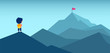 Vector of a boy with backpack looking at a mountain top with a red flag