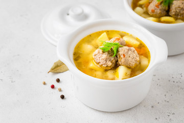 Paleo turkey  meatball soup. Space for text.