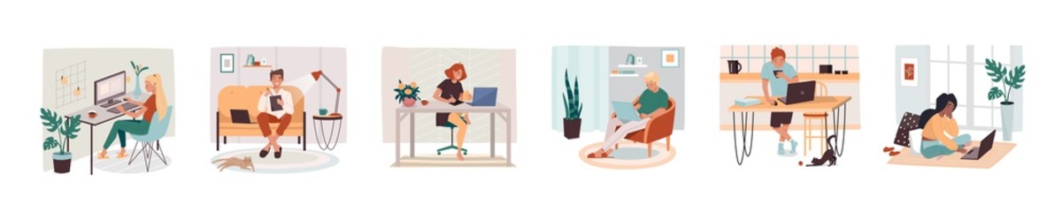 Aufkleber - Set of isolated remote work or freelance job sign. Man and woman working with tablet and notebook, pc or computer. Male and female freelancer at home working. Cartoon employee at desk or table