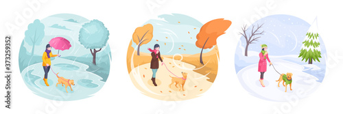 Fotomural Pet walking in bad weather, woman with dog in park, vector isometric flat illustration