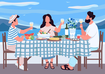 Poster - Greek holiday for friends flat color vector illustration. People eat together meal in Greece. Man and woman drink wine on holiday. Relatives 2D cartoon characters with landscape on background