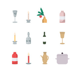 Poster - Festive table decoration flat color vector object set. Restaurant serving. Accessory for holiday dinner isolated cartoon illustration for web graphic design and animation collection