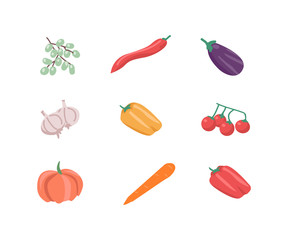 Poster - Vegetable flat color vector object set. Ripe fruits. Fresh grapes. Red pepper. Chili for food. Vegan ingredients isolated cartoon illustration for web graphic design and animation collection