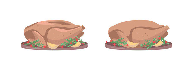 Poster - Roasted turkey flat color vector object set. Poultry dish. Thanksgiving meal. Christmas festive food. Grilled chicken isolated cartoon illustration for web graphic design and animation collection