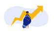 © GOLDMAN - Business analytics in cloud arrow vector leadership company. People challenge teamwork up. Flat job marketing concept illustration. Growth with rocket investment service. woman trend result