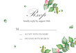 Watercolor hand painted nature floral romantic wedding frame with green eucalyptus branches, pink honeysuckle buds and rsvp accept or decline text on the white background for invitation card