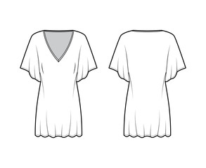 Kaftan dress technical fashion illustration with deep V-neck, batwing elbow sleeves, above-the-knee length, oversized. Flat apparel template front back white color. Women men unisex top CAD mockup
