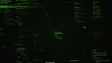 Poster - Moving through parts of the source code of a computer program in virtual space. Animation. Abstract flowing lines of changing symbols on black background, seamless loop.