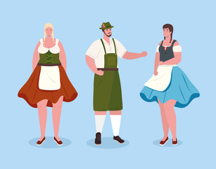 Sticker - people german in national drees, women and man in traditional bavarian costume vector illustration design