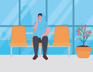 Poster - man sitting in chair on the airport terminal, passenger at airport terminal vector illustration design