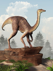 Aufkleber - Gallimimus was a theropod dinosaur that lived during the Cretaceous period in what is now Mongolia. Here depicted with a coat of brown and white very short feathers.  